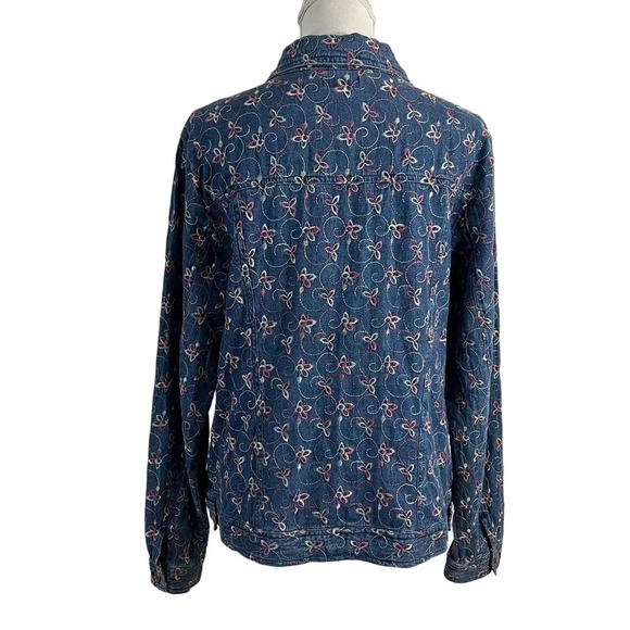 Leslie Fay Denim Shacket Floral Button Up Colorful Embroidery 100% Cotton Collar - Picture 3 of 13